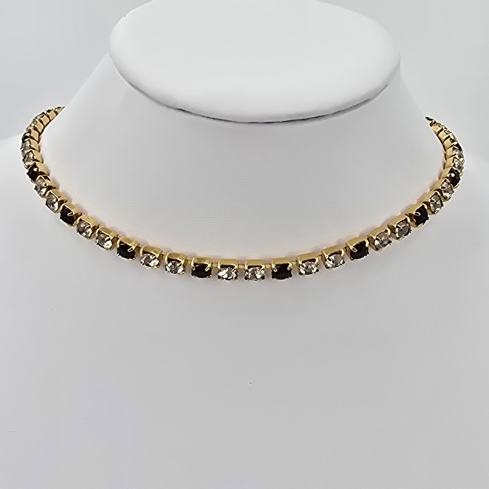 Trifari Tennis Necklace Choker Gold Tone Black and Clear Crystal - Picture 7 of 8